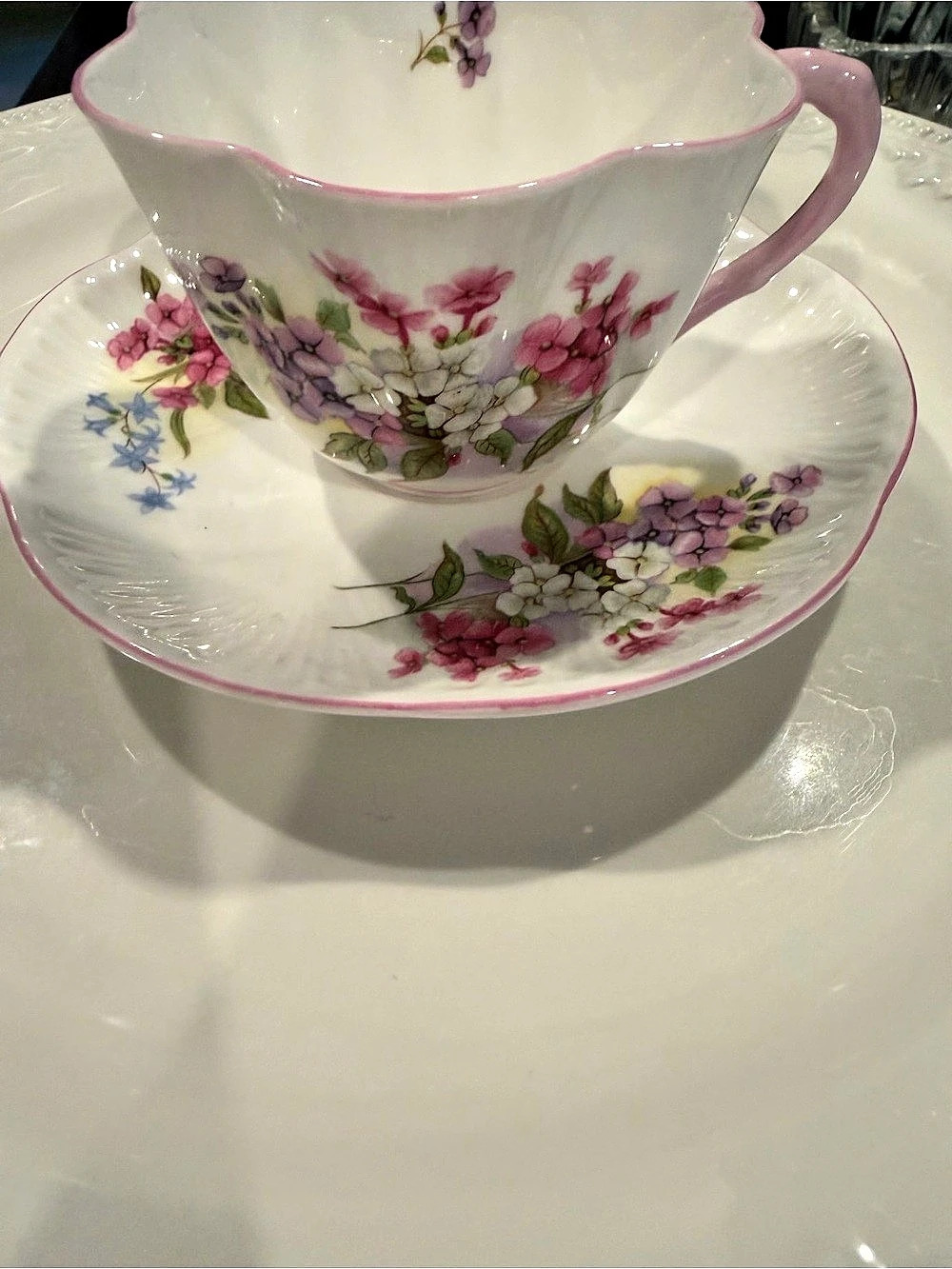 Shelley Stocks 13428 Floral Teacup & Saucer White & Pink